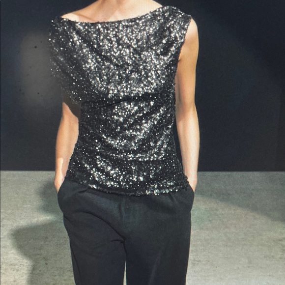 Zara black sequin beaded boat neck off the sholder sleeveless top - new - Picture 1 of 12